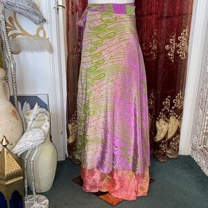 Boho Wrap Maxi Skirt in Pink and Green